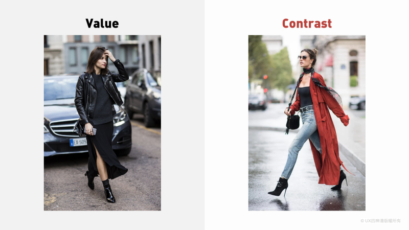 與穿搭相同的道理，質地(Value)和對比(Contrast)會產生視覺焦點