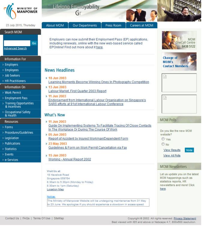 2003年的新加坡人力部網站